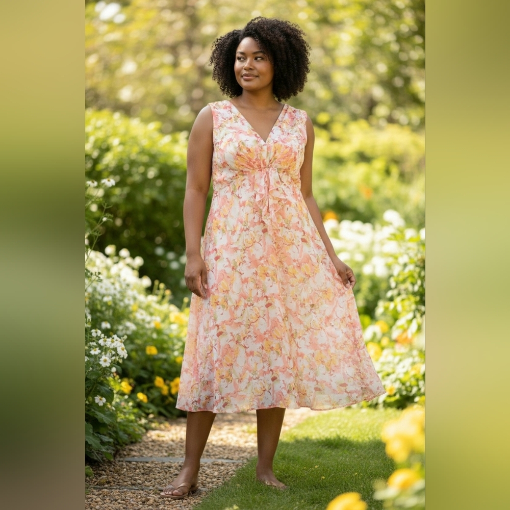 J.B.S. Peach-Pink Floral V-Neck Midi Dress